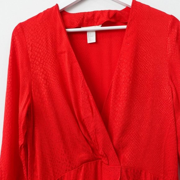 H M Dress Size 4 V Neck Midi Wrap Cocktail Jacquard Weave Snakeskin Cocktail Red - Picture 2 of 10